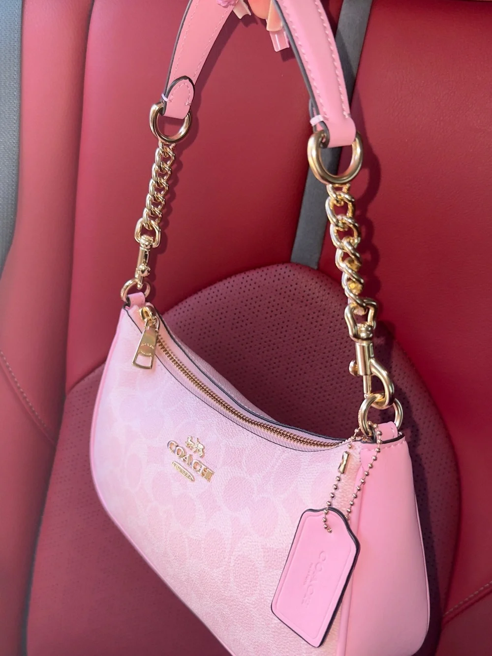 Coach Pink Signature Mini Shoulder Bag with Gold Chain